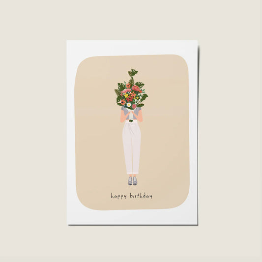 Woman Floral Bouquet Happy Birthday Illustration Card