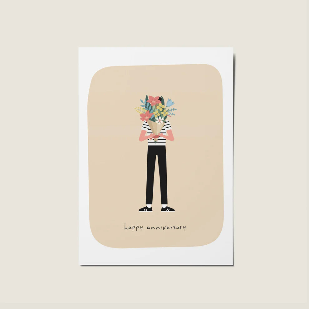 Man Floral Bouquet Happy Anniversary Illustration Card